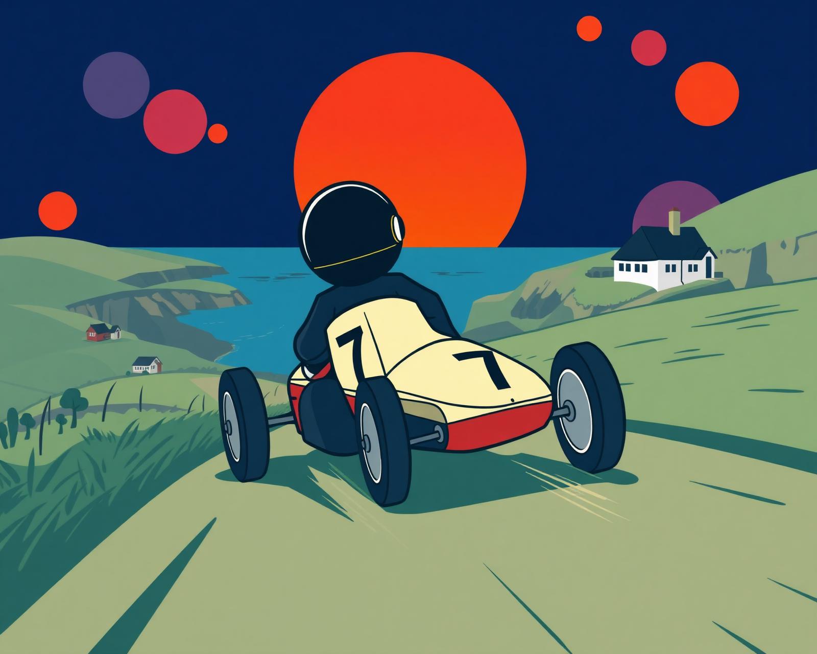 Illustration of a soapbox racer hurtling down a Devon coastal hill